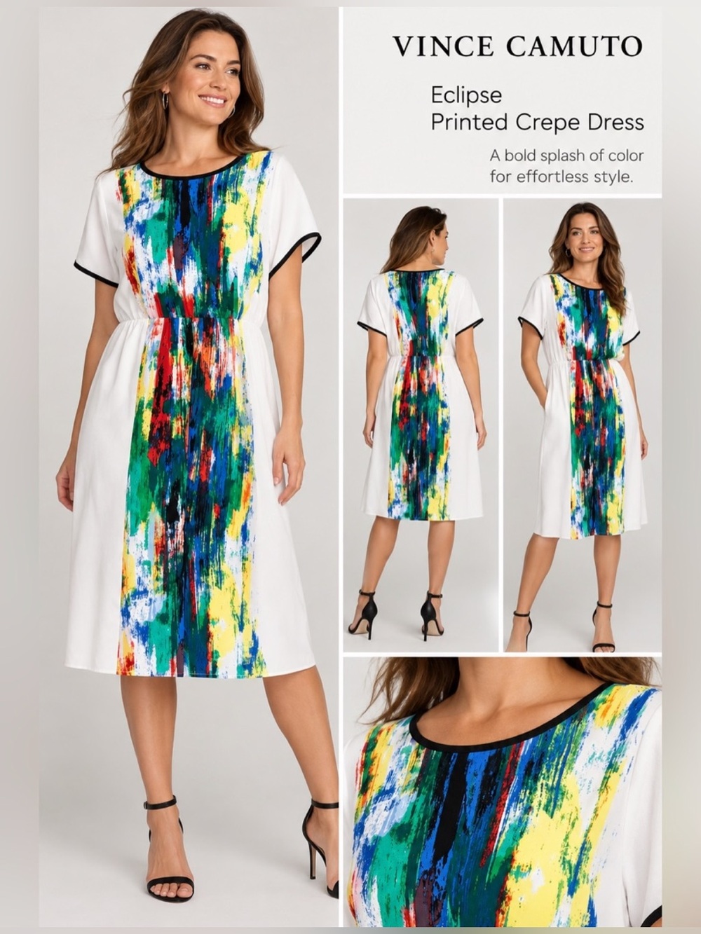Vince Camuto White Midi Dress with Multicolor Abstract Stripe
